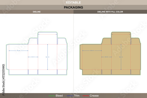 Back open tuck end box packaging template in custom dimensions featuring professional carton dieline and editable structural die line for production and branding