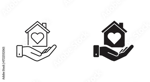 Hands cradling house icons with heart shapes inside line and solid styles