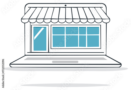 Laptop Computer Resembling Storefront with Awning, Online Shop Concept