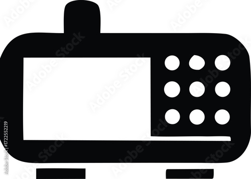 Modern digital handheld radio communication device with screen and keypad simple solid icon for broadcasting navigation and emergency services