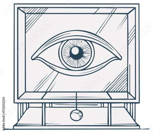 Mystical all-seeing eye in a decorative frame with pendulum, symbolic esoteric illustration