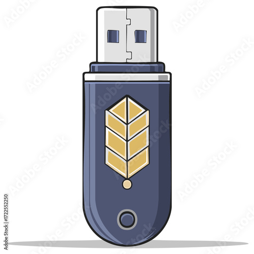 Blue USB flash drive cartoon illustration with golden organic symbol for digital data storage
