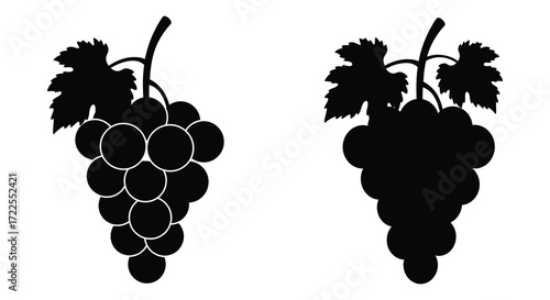 Two bunches of black grapes depicted in a simple monochrome style