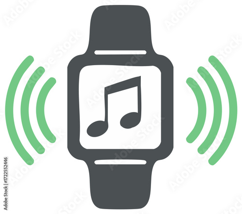 Smartwatch displaying musical notes with audio waves emitting outward