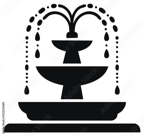 Black silhouette icon of a classic two-tiered water fountain spraying water droplets.