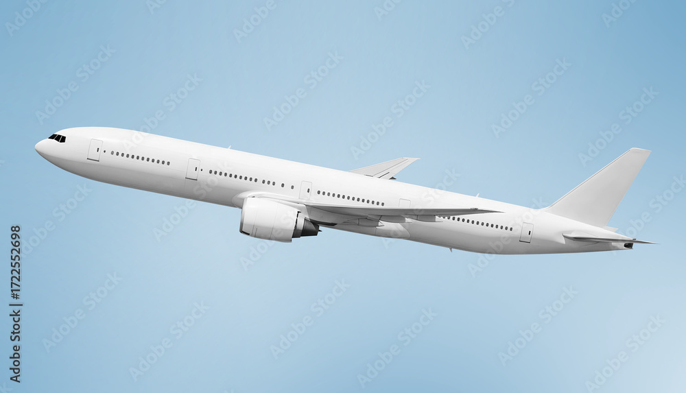 Obraz premium White airplane Passenger Jet Plane Two Engine Boeing 777 Side View Against Blue Sky
