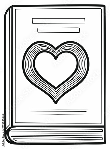 Black and white line art illustration of a closed book with a heart on its cover, symbolizing love for reading and stories.