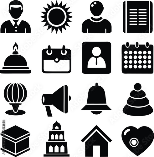 Collection of diverse icons representing people buildings calendar sun hot air balloon bell heart and more for digital applications