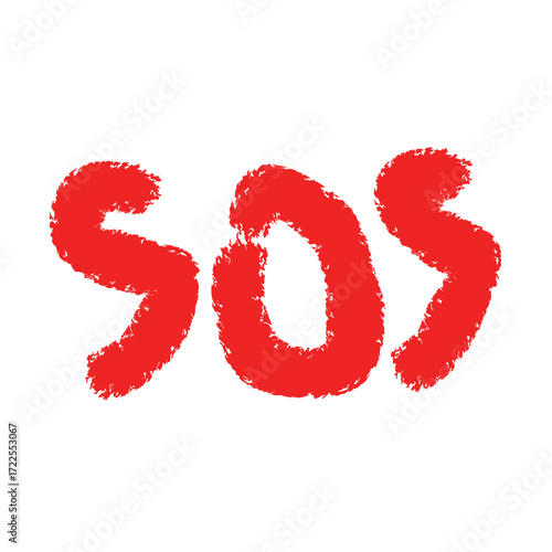 Red sos distress signal text written in a chalky, textured font, isolated on a clean