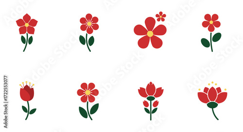 A collection of simple flat design red flowers with green stems