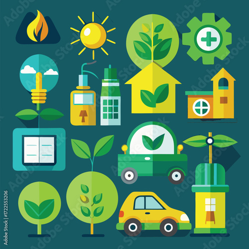 Eco-friendly icons representing renewable energy sustainable living and green technology concepts for environmental awareness.