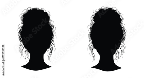 Two black silhouettes of women s heads with messy voluminous hair
