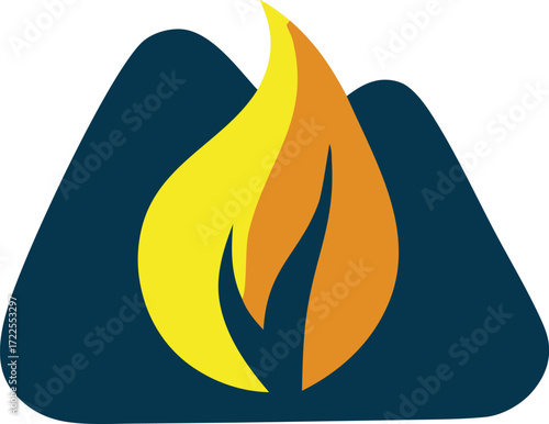 Dynamic fire flame emblem on blue mountain peaks logo symbol representing energy natural power and adventure outdoor activities and renewable resources