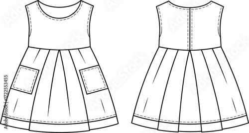 Flat sketch sleeveless dress, fashion technical drawing, pleated skirt design, patch pockets, garment construction, apparel template, vector outline illustration