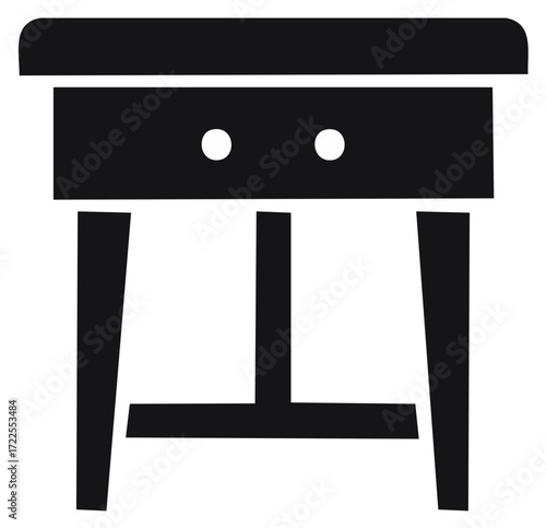 Minimalist black glyph icon of a small table or nightstand with a drawer