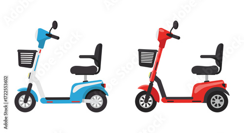 Illustration of two three wheeled mobility scooters in blue and red