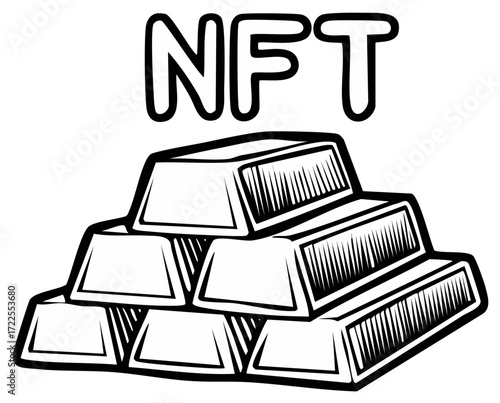 Stack of gold bars with NFT text illustration, digital asset blockchain concept