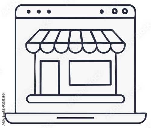 Digital storefront illustration on a laptop screen represents online business and e-commerce