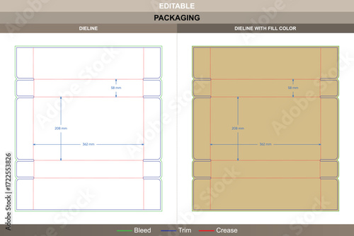 Cardboard shipping box dieline for packaging and transport, editable folding carton template with mockup design layout, professional branding, and precise die line structure