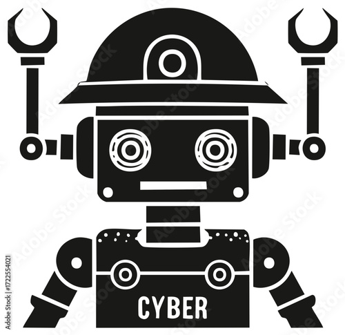 Cyber robot icon silhouette. Black and white vector of a futuristic automaton for technology concepts.