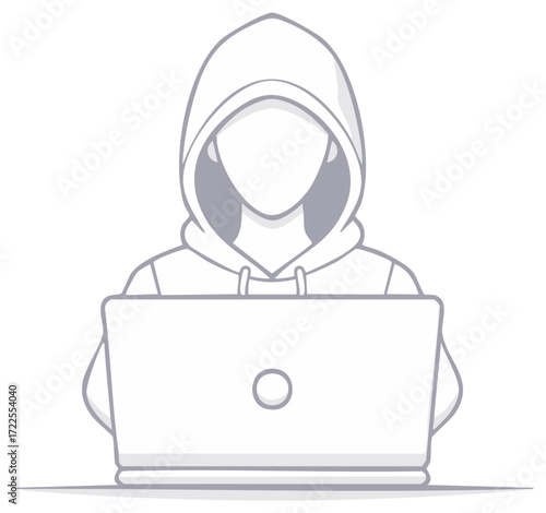 Person in Hood Using Laptop Computer Outline Style, Cyber Crime, Hacker Concept, Cybersecurity Threat, Privacy