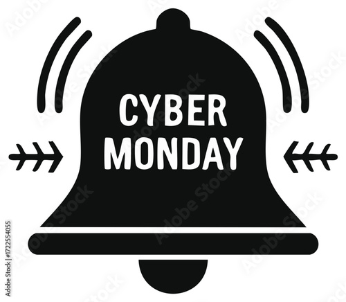 Cyber Monday Notification Bell Icon, Business Promotions, Holiday Sales, Discount Deal Event, Advertising, Marketing Reminder