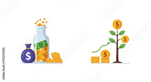 Financial growth illustrated with money a bottle and a growing plant