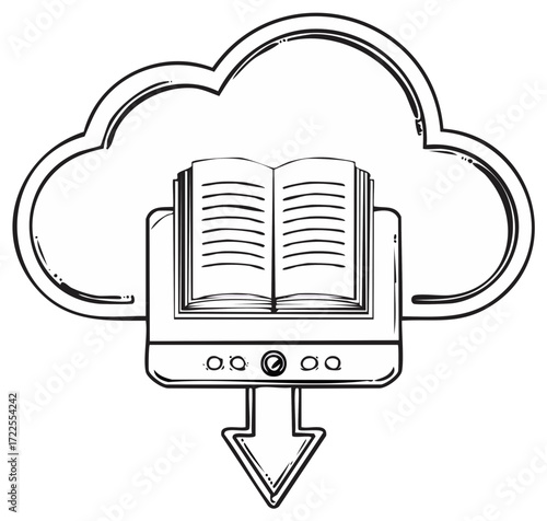 Hand drawn icon of cloud computing for e learning and downloading digital books