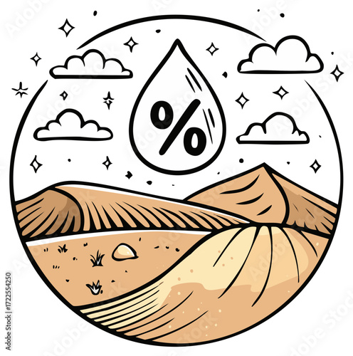 Desert landscape illustration with a percent symbol in a water droplet and clouds