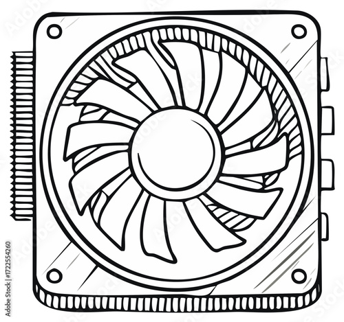 Computer Cooling Fan, CPU Cooler, Line Art Style, IT Hardware, Server Cooling, Computer Fan Blades, Electronics