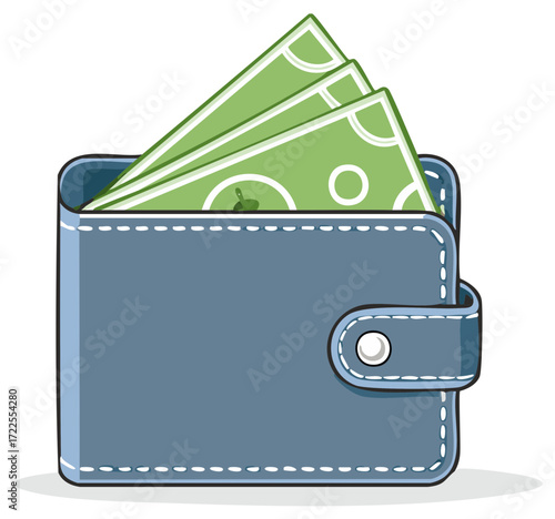 Illustration of a blue wallet with green banknotes peeking out