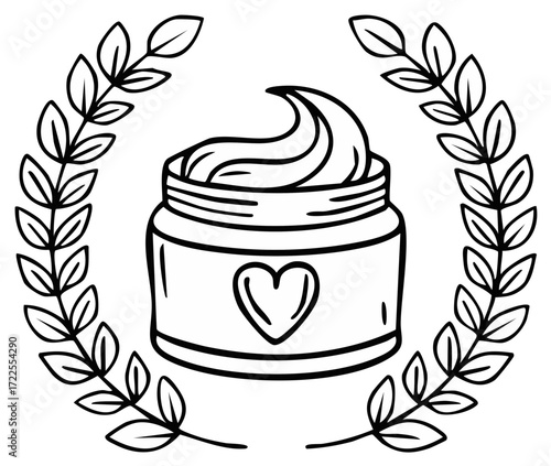Hand drawn beauty product jar with swirled cream heart and botanical leaf wreath
