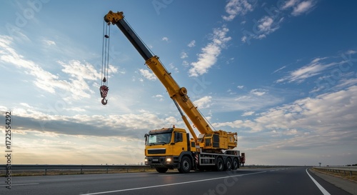 Yellow mobile crane on a highway under a clear blue sky during sunset with scattered clouds in background