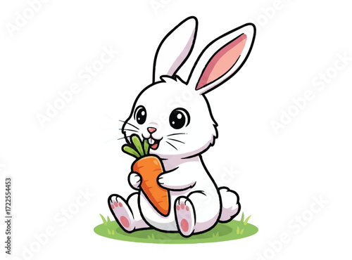 Cute cartoon bunny eating carrot isolated on white. Funny rabbit holding carrot. Front view. Vector illustration.
