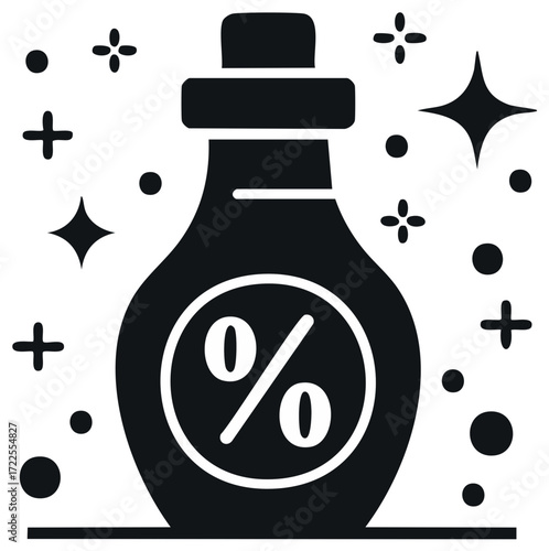 Cleaning product bottle with percent symbol and sparkle symbols, representing sale or discount