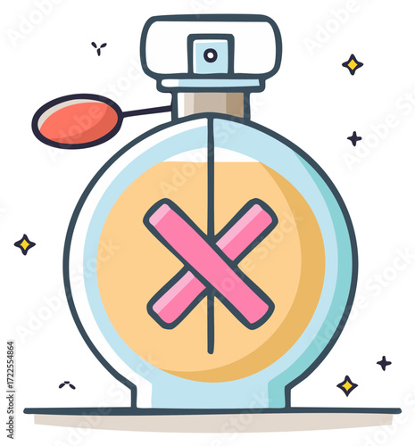 Cartoon illustration of a round perfume bottle with an atomizer and an X symbol inside the fragrance