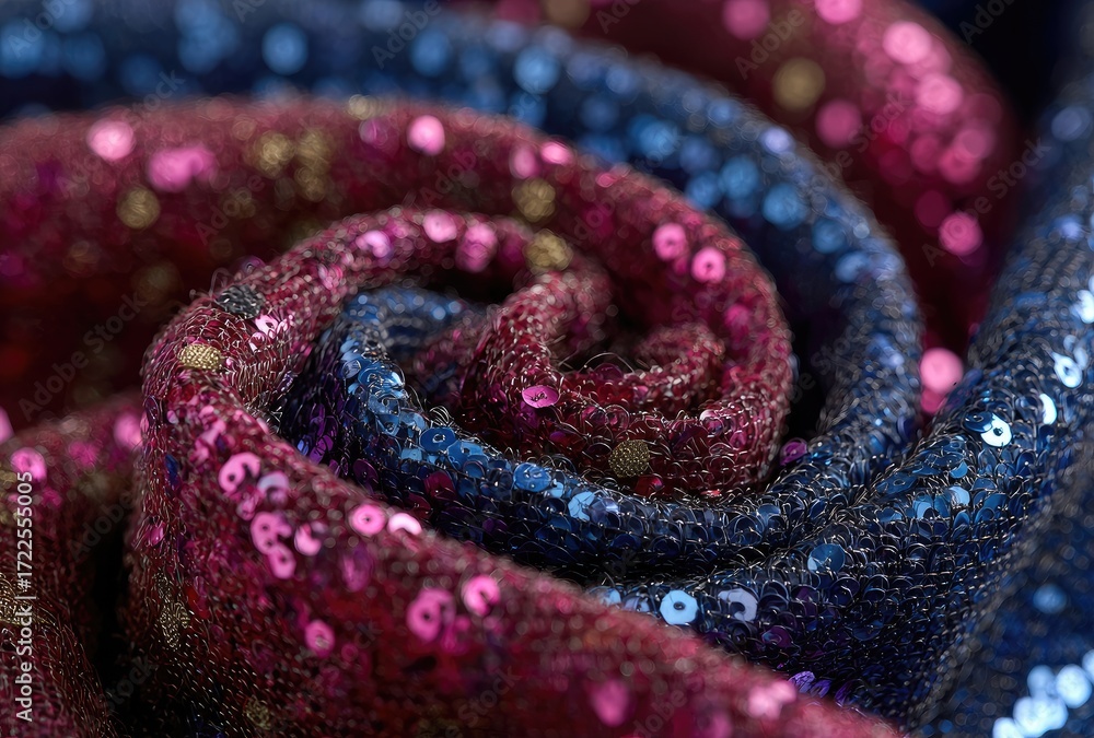 Fototapeta premium Close-up of a rolled fabric with swirling sequins in shades of pink and blue