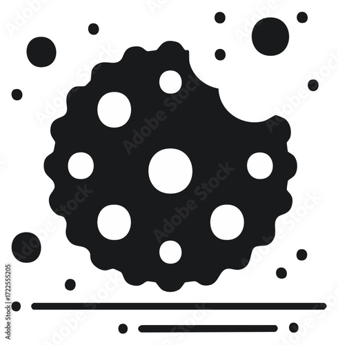 Cookie with missing bite, flat design illustration, black and white graphic