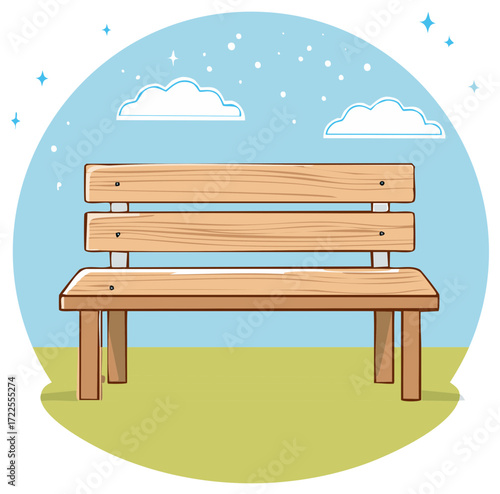 Wooden Bench Under Light Blue Sky with Clouds and Stars in Serene Outdoor Scene