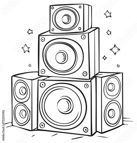 Tower of speakers with stars and sound waves illustration, graphic design, audio equipment, music, party