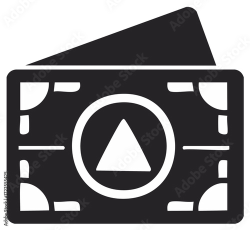 Stylized black and white icon of layered currency with a triangular emblem on the front bill