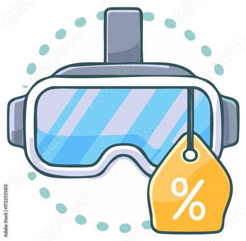 Cartoon Virtual Reality Headset with Percentage Discount Tag Symbolizing Special Deals and Entertainment