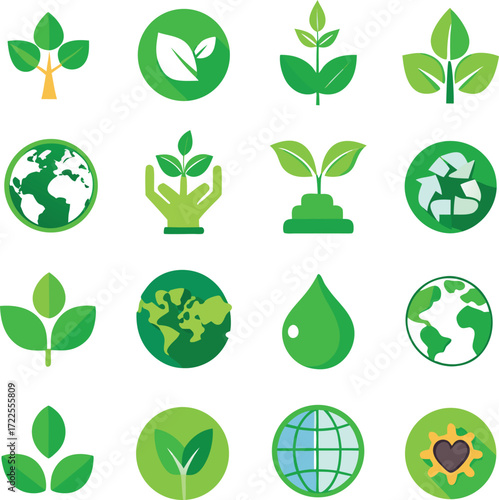 Diverse collection of green nature and ecology icons for sustainable living and environmental awareness themes