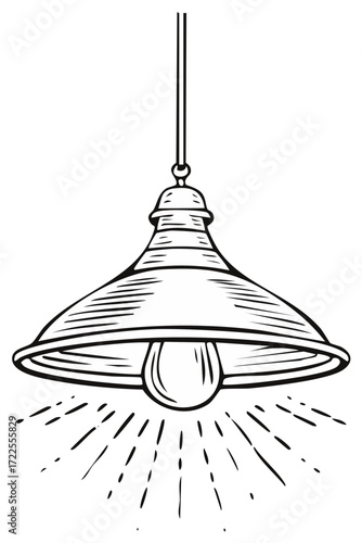 Classic vintage style hand drawn hanging lamp illustration with a glowing light bulb shedding bright rays of illumination downwards