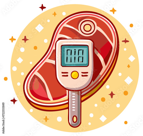 Digital Meat Thermometer on Beef Steak Cut Illustrative Icon Graphic