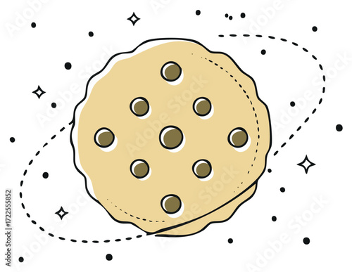 Chocolate Chip Cookie Planet with Dotted Orbit in a Universe of Stars and Specks