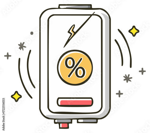Energy saving water heater with percentage discount symbol and lightning bolt icon