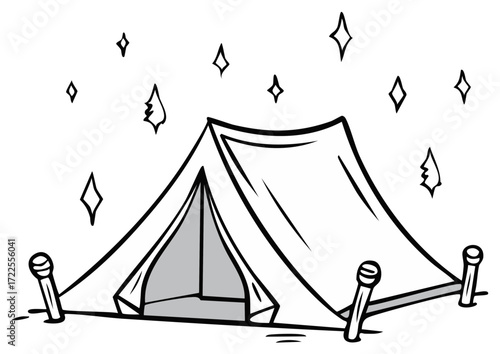 Camping tent outline under the stars, vector illustration in doodle style