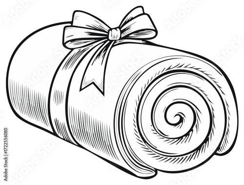 Hand Drawn Rolled Blanket Tied with a Ribbon and Bow Illustration