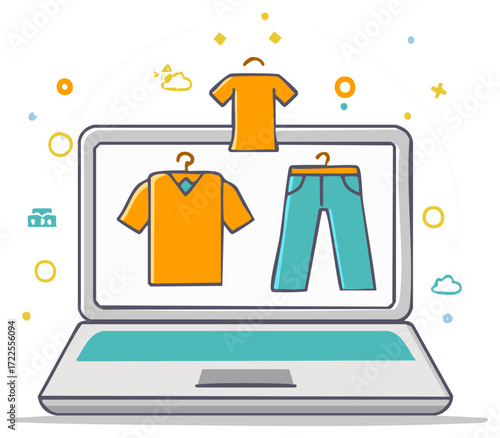 Online clothing store concept with fashion apparel displayed on a laptop screen, digital shopping